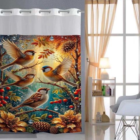 Waterdicht Polyester Wafel Douchegordijn Met Afneembare Voering En Haakloze Ringen Artistieke Print Badkamer Decor
