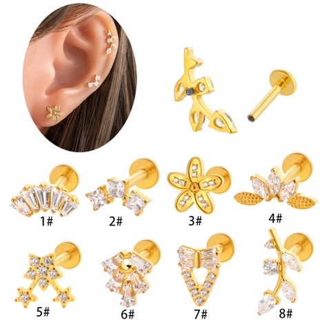 Labret En Titane F136 Filetage Interne Zircon Fleur Étoile Piercing Cartilage Oreille Bijoux Dos Plat