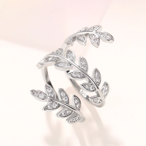 Wijnblad Open Ring Koper Zirkoon Verstelbaar Wikkel Olijftak Elegant Vintage Mode Sieraden Voor Vrouwen