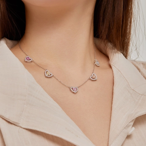 925 Sterling Silver Heart Necklace For Women Colorful Zirconia Inlaid 5 Hearts Pendant Adjustable Chain Fashion Jewelry Gift