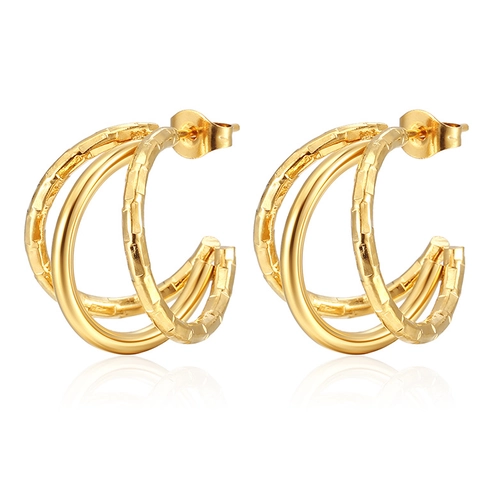 Triple Layer Textured Geometric Earrings 18K Gold Plated Stainless Steel Round Hoop Studs Fashion Jewelry Women Retro