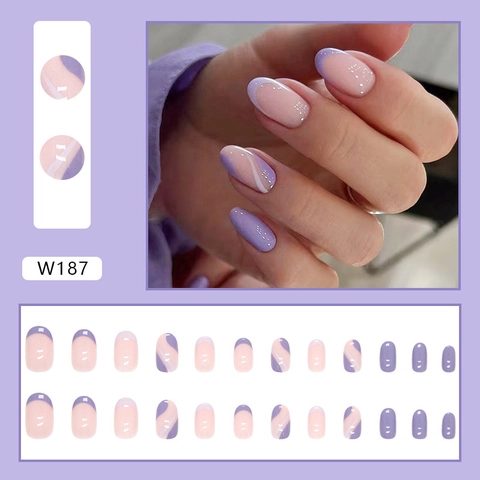 Faux Ongles Press On Style Français Motif Marbre Ondulé Violet Rose Ongles Artificiels Élégants ABS Femmes