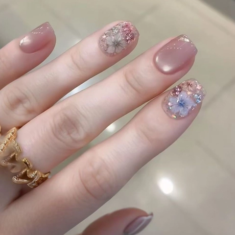 Press On Nails Camelia Bloem Cat Eye Glimmer Nude Roze Vierkant Rond Kunstnagels Voor Vrouwen Zoet Zacht