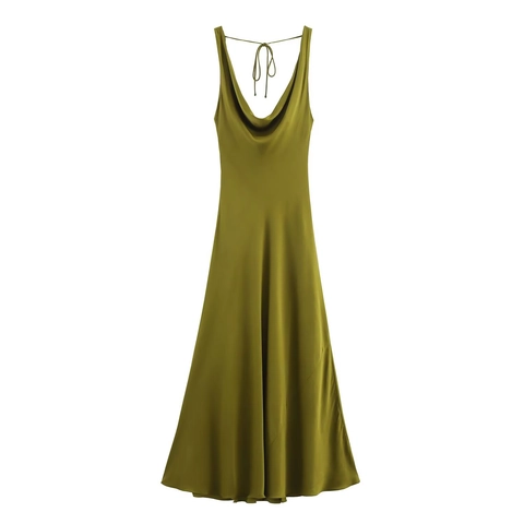Elegante Satijnen Midi Slip Dress Sexy Rugvrij Vetersluiting Hoge Taille A-lijn Feestjurk Voor Dames Zomer Mode
