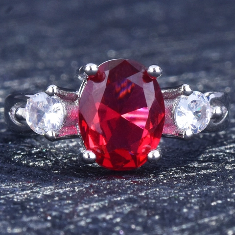 Women Three-Stone Adjustable Ring Oval Blue Red Cubic Zirconia Silver Plated Copper Classic Elegant Jewelry