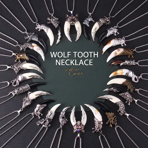 Wolf Tooth Pendant Necklace Stainless Steel Chain Alloy Animal Dragon Head Vintage Ethnic Punk Gothic Jewelry For Men