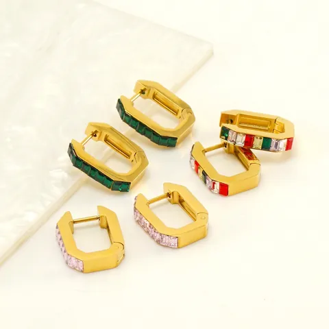 Geometric Huggie Hoop Earrings 18K Gold Plated Stainless Steel With Colorful Zircons Minimalist Trendy Jewelry Women