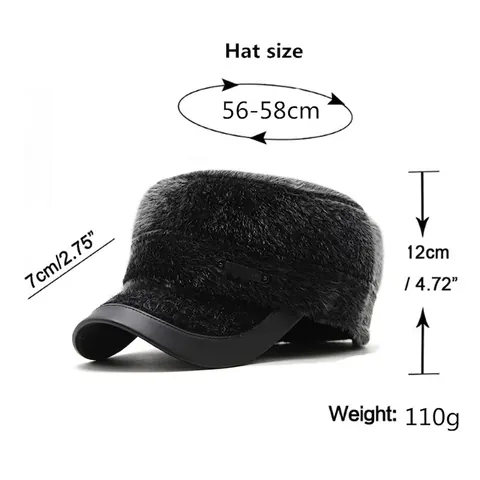 Men Winter Faux Fur Cadet Hat Warm Ear Protection Windproof Flat Top Cap Faux Mink Fur Thick Outdoors Solid Color