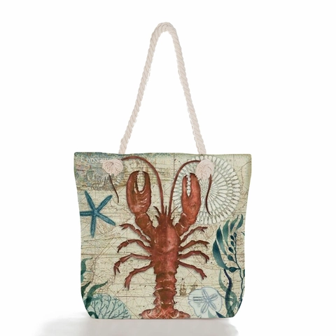 Tote Bag Femme Vintage Océan Poulpe Tortue de Mer Imprimé Grande Capacité Avec Anses en Corde Sac de Plage Polyester