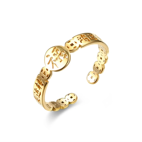 Offener Verstellbarer Ring Titanstahl Hohl Hase Chinesische Münze Glück Ethno Stil Schmuck Damen Herren