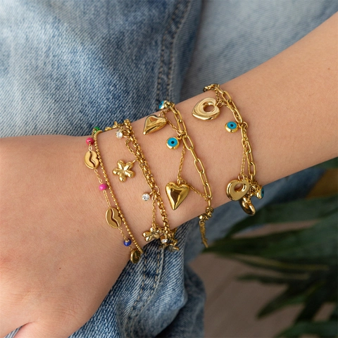 Double Layer Bracelet 18K Gold Plated Stainless Steel Heart Bow Evil Eye Zircon Pendants Adjustable Boho Jewelry For Women