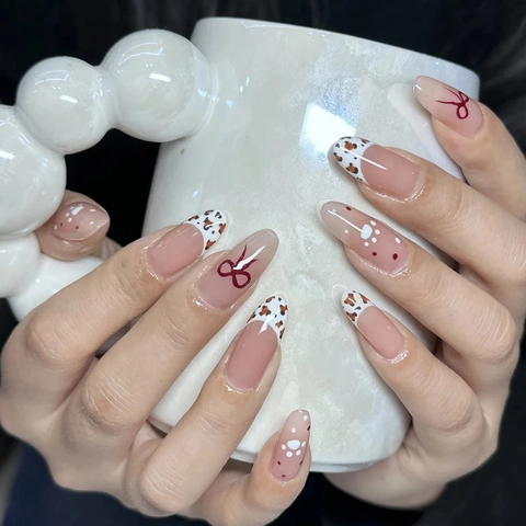 Press On Nails Almond Shape Glossy Leopard Print Bow Plaid French Blush Pink Artificial False Nail Tips For Women