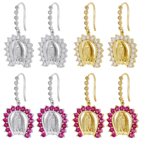 Boucles D'oreilles Vierge Marie Laiton Plaqué Or Micro Pavé Zircone Bijoux Religieux Pour Femmes Notre Dame De Guadalupe