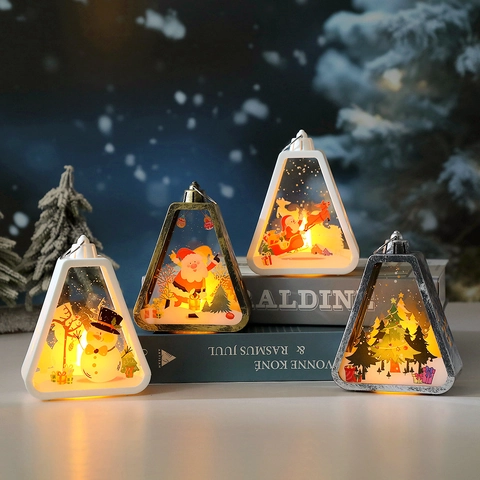 Weihnachts LED Laterne Dreieckig Nachtlicht Leuchtend Kunststoff Weihnachtsmann Schneemann Muster Desktop Deko Lampe