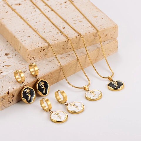 Joyas De Acero Inoxidable Con Flor De Rosa Collar Y Pendientes Bañado En Oro Redondo Esmalte Concha Elegante Cadena De Serpiente Mujer
