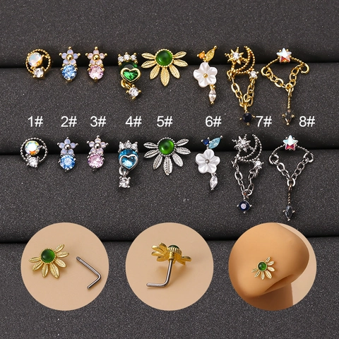 Piercing De Nariz En L Acero Inoxidable Cobre Circón Incrustado Flor Hoja Luna Estrella Joyería Corporal Mujeres