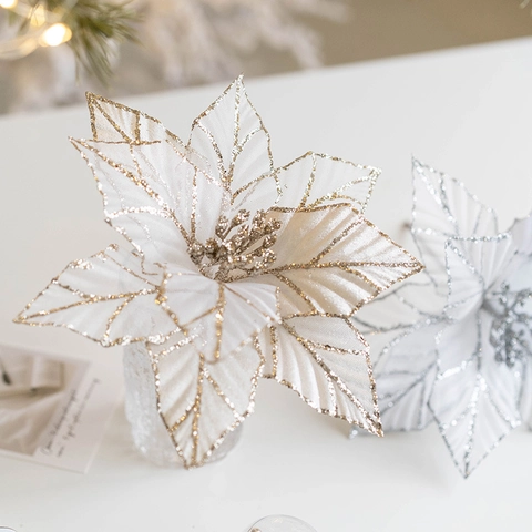 Christmas Flower Artificial Poinsettia Glitter Mesh Fabric For Christmas Tree Wreath Wedding Party Home Festive Decor