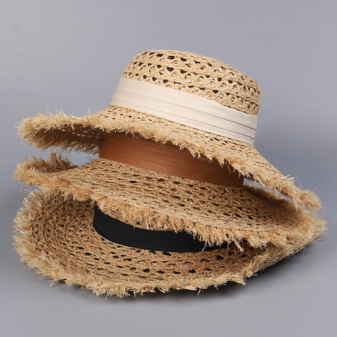 Women Raffia Straw Sun Hat Wide Brim Frayed Edge Hollow Woven Summer Beach Vacation Fashion Accessories Adjustable
