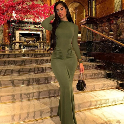 Ruched Slim Fit Bodycon Maxi Dress Women Crew Neck Long Sleeve Elegant Evening Party Clubwear Polyester Spandex