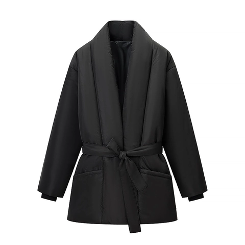 Women Puffer Jacket Mid Length Belted Shawl Collar Warm Winter Cotton Padded Coat Polyester Solid Color Outerwear