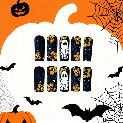 Halloween Unghie Finte Lunghe Coffin Nero Opaco Disegni Di Fantasma Bianco E Fiore Arancione In Plastica ABS Novità