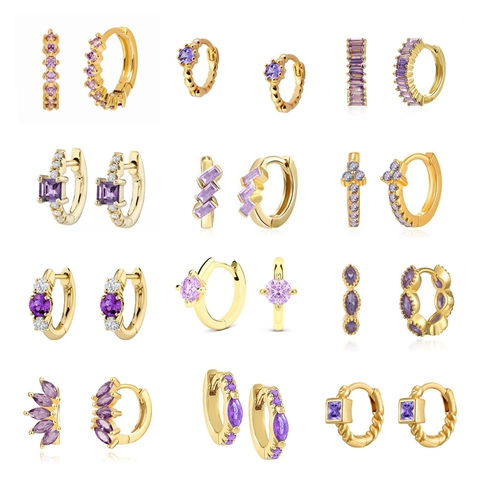 Boucles D'oreilles Huggie Hoop Zircone Violette Avec Tige En Argent Sterling 925 Bijoux En Cuivre Plaqué Or