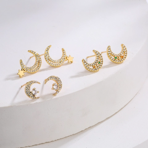Moon Stud Earrings Gold Plated Copper Micro Pave Zircon Dainty Star Celestial Accessory For Women Elegant Minimalist