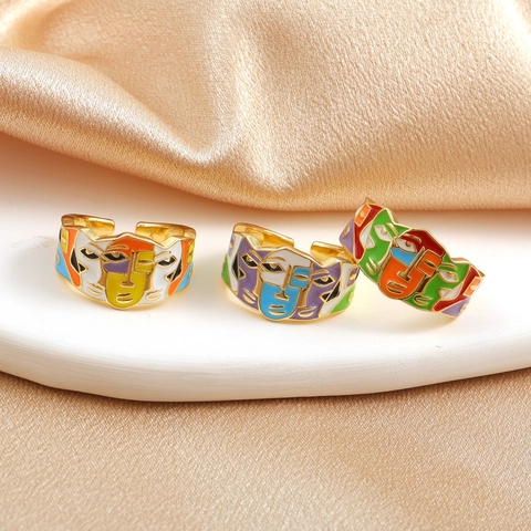 Abstract Human Face Open Ring Gold Plated Copper Colorful Enamel Artistic Adjustable Jewelry Trendy Hip Hop Style