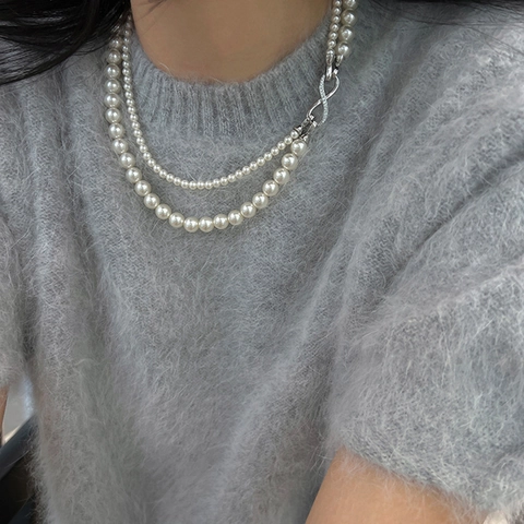 Elegante Mehrlagige Künstliche Perlenkette Mit Zirkon Unendlichkeitssymbol Schnalle Französische Retro Künstliche Perlen Schlüsselbeinkette