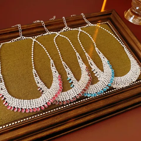 Rhinestone Fringe Tassel Necklace Copper Multi Row Luxury Statement For Wedding Party Women