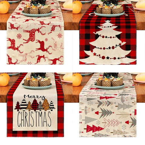 Runner Da Tavola Natalizio In Lino Stile Nordico Festivo Motivi Di Renne E Fiocchi Di Neve Per Decorazione Sala Da Pranzo