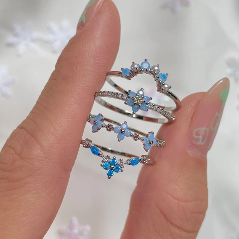 Floral Ring Blue Opal White Artificial Pearl Brass Gold Plated Curved Stackable Elegant Temperament Finger Jewelry For Women Girls