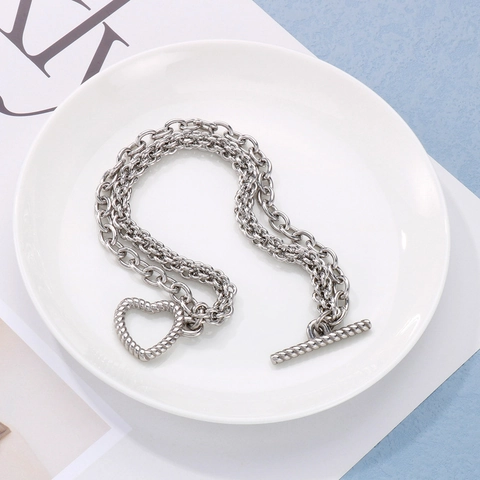 Vintage Edelstahl Herz Knebelverschluss Armband Für Damen Doppellagige Kette Minimalistischer Modeschmuck