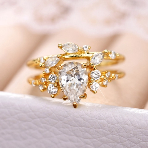 Copper Zircon Stackable Rings Water Drop Pear Shaped Leaf Vine Crown Design Gold Plated Jewelry For Women