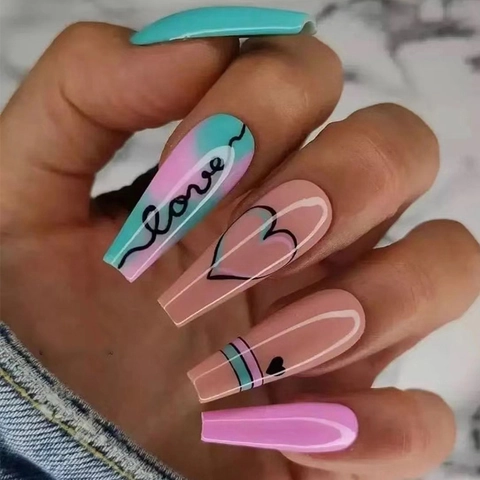 Lange Coffin Press On Nägel Blau Rosa Farbverlauf Herz Love Muster Glänzend Künstliche Nägel Für Frauen