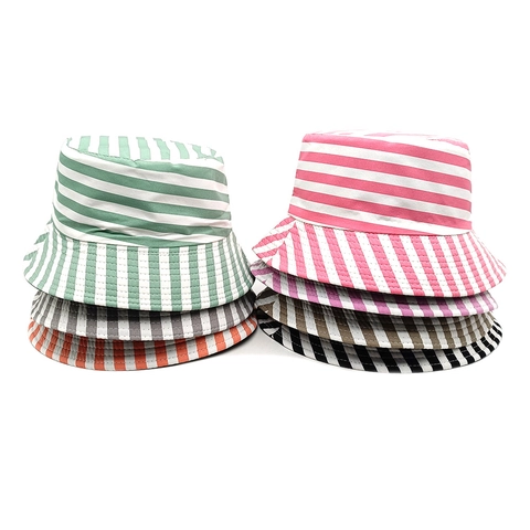 Women Reversible Striped Bucket Hat Polyester Sun Protection Outdoor Travel Casual Retro Style Breathable Sunshade