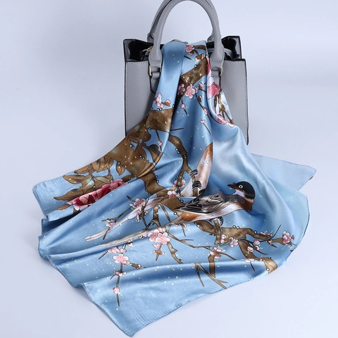 Quadratisches Halstuch Mit Elstern Blumendruck Eleganter Satinnähnlicher Satin Schal Chinesischer Stil Dekorative Kopfbedeckung
