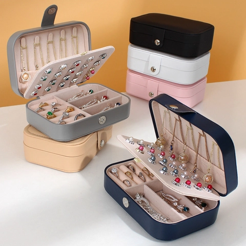 Draagbare PU Leer Dubbellaagse Sieradendoos Voor Reizen Vrouwen Minimalistische Flip Top Opbergdoos Voor Ringen Oorbellen Kettingen