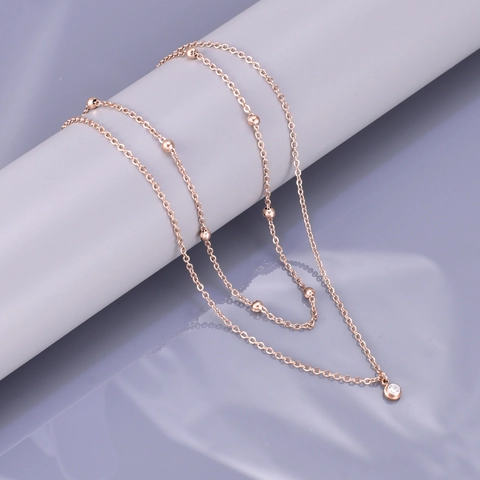 Rose Gold Double Layered Bead Chain Necklace Circular Rhinestone Pendant Titanium Steel Water Wave Chain Jewelry For Women