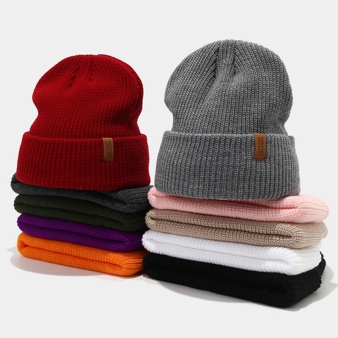 Knitted Beanie Hat Acrylic Cuffed Ribbed With Leather Patch Winter Warm Outdoor Windproof Unisex Skull Cap