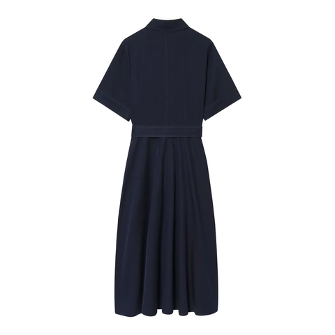 Navy Blue Short Sleeve Shirt Dress With Gold Buttons And Belt Utility Midi Casual Chic For Women