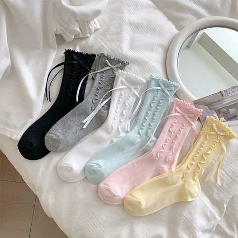 Calcetines Media Pantorrilla Mujer Algodón Canalé Borde Volantes Lazo Dulce Lolita Estilo JK Color Sólido Transpirable