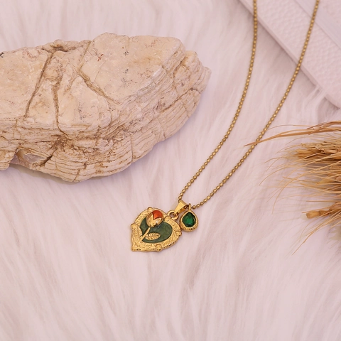 Vintage Herz Anhänger Halskette Edelstahl Emaille Rose Blumenmuster Tropfen Edelstein Retro Schmuck Für Damen