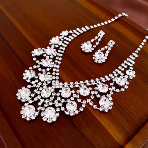 Collier Et Boucles D'oreilles Strass Luxe Pour Femme Avec Silver Earring Post Tassel Bijoux Mariage Géométriques