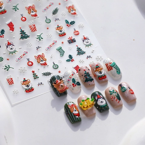 3D Relief Weihnachten Hunde Nagelaufkleber Selbstklebend Festlich Corgi Husky Schneeflocke Maniküre Decals Schönheit