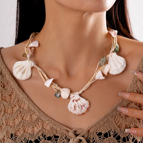 Collar De Conchas Naturales Rafia Cuerda Trenzada Vacaciones De Verano Playa Joyería Hecha A Mano Bohemio Vintage Mujer