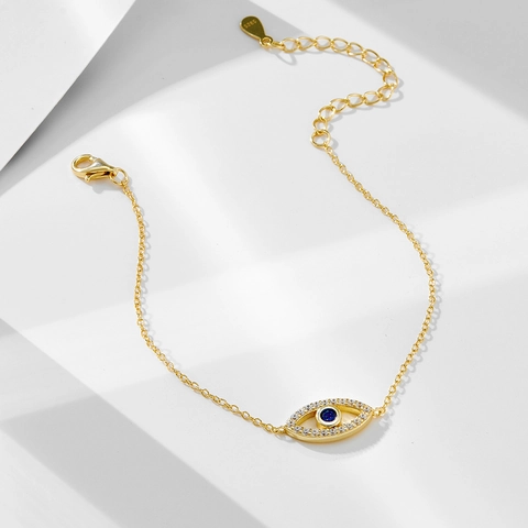 Bracciale Malocchio in Argento Sterling 925 per Donna Placcato Oro Strass Blu Intarsiato Catena Regolabile Gioielli di Moda