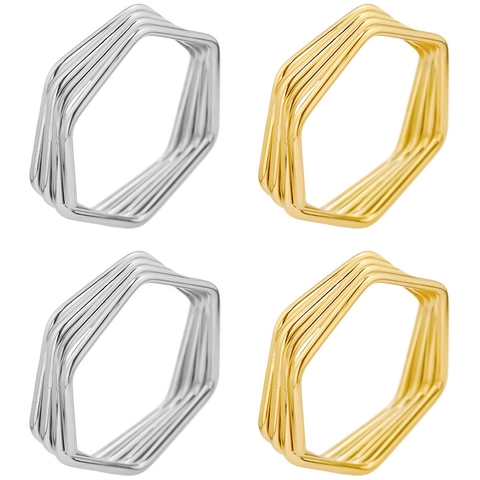 Geometric Hexagon Multi Layered Ring Stainless Steel 18K Gold Plated Minimalist Polished Punk Finger Jewelry Women Men