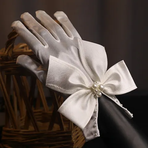Eleganti Guanti da Sposa in Raso e Rete per Donna con Fiocco e Perle Artificiali Accessori da Sposa per Banchetto Formale e Fotografia