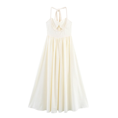 Abito Lungo Donna Scollo All'americana Schiena Scoperta Bretelle In Corda Intrecciata Vita Alta Vacanze Elegante Sexy